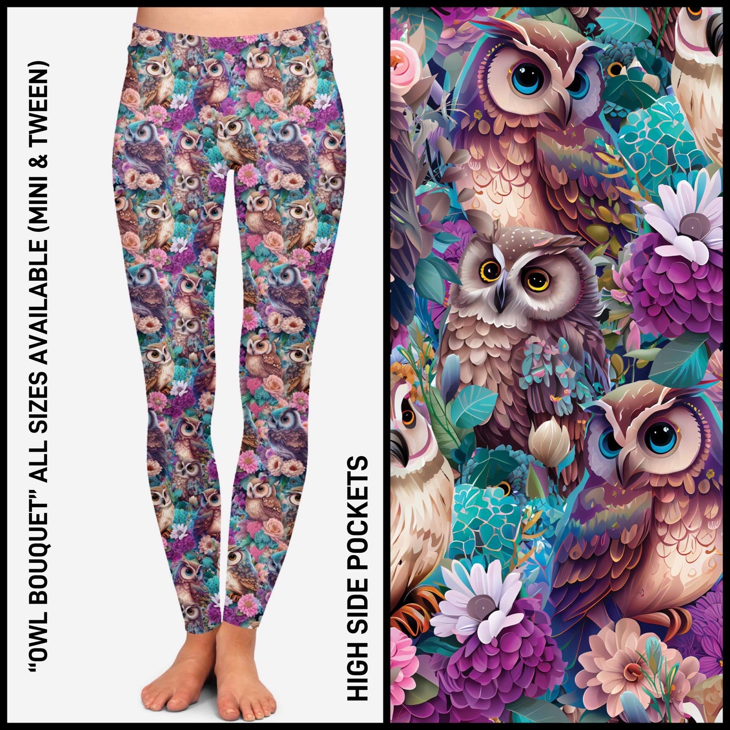 RTS - Owl Bouquet Leggings with High Side Pockets