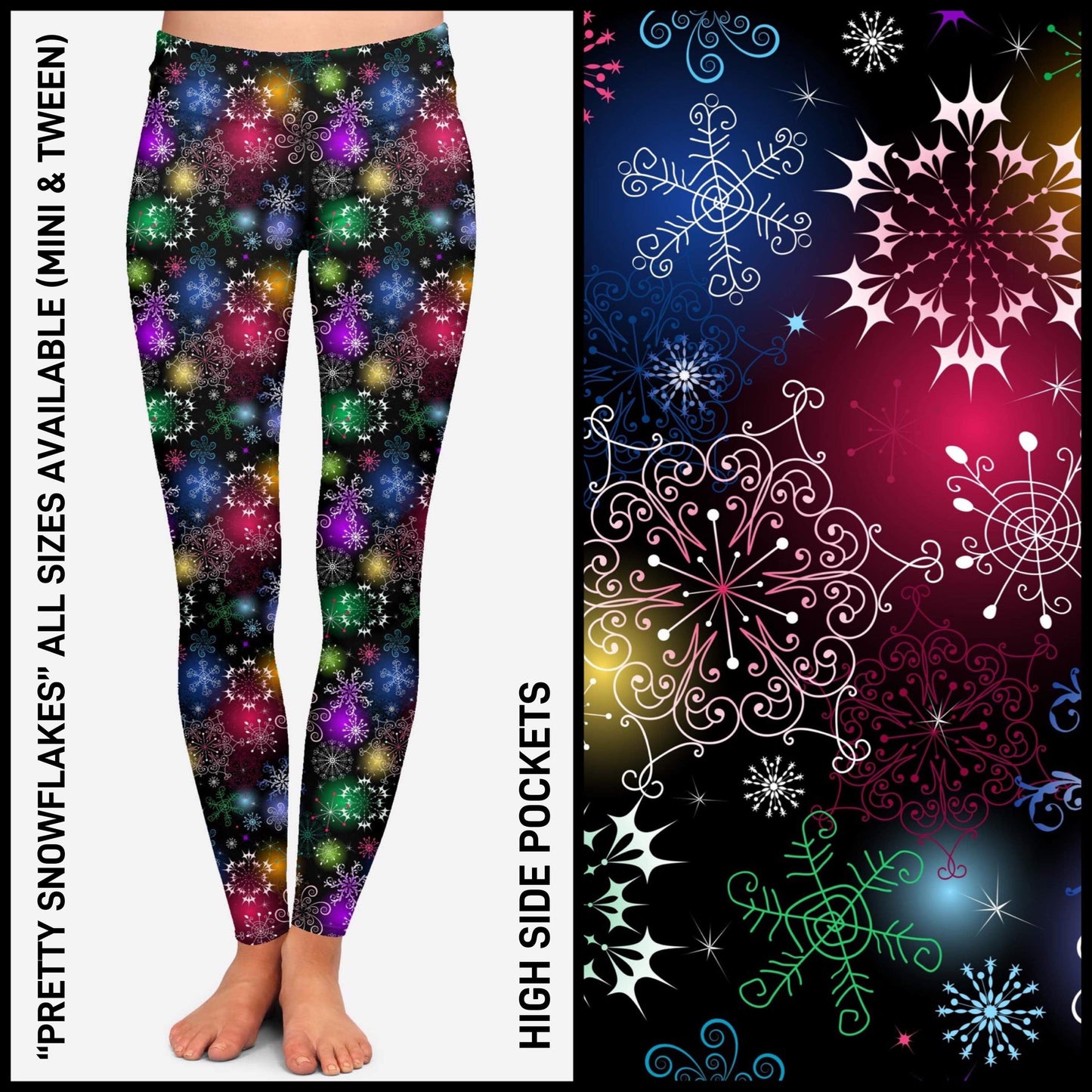 RTS - Pretty Snowflakes Leggings with High Side Pockets