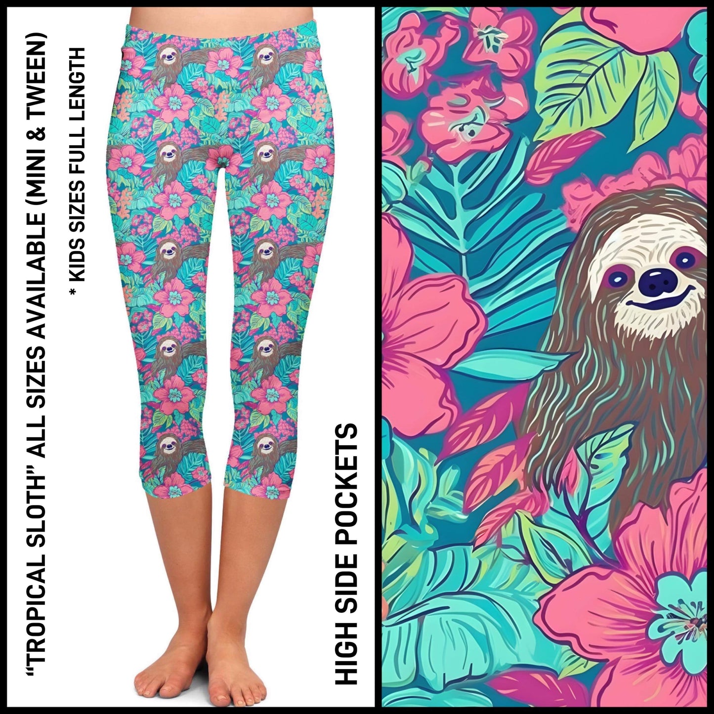 RTS - Tropical Sloth Capris with High Side Pockets