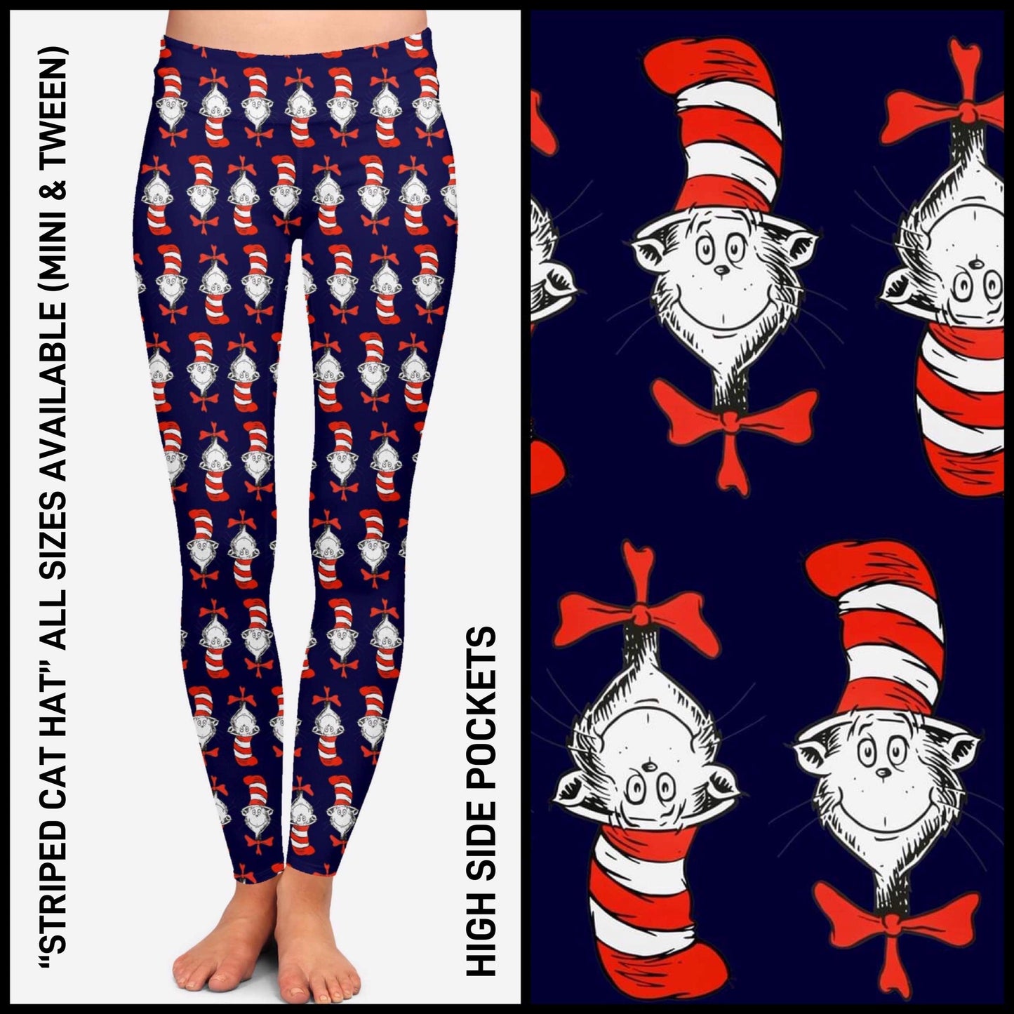 RTS - Striped Hat Cat Leggings with High Side Pockets