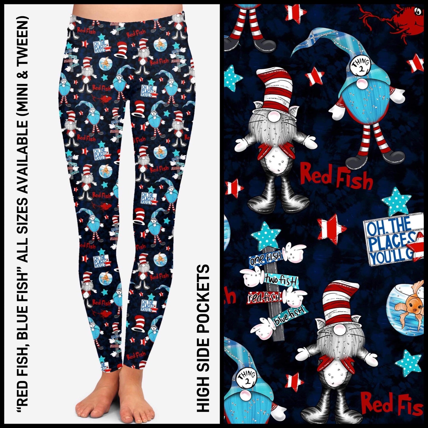 RTS - Red Fish, Blue Fish Leggings with High Side Pockets