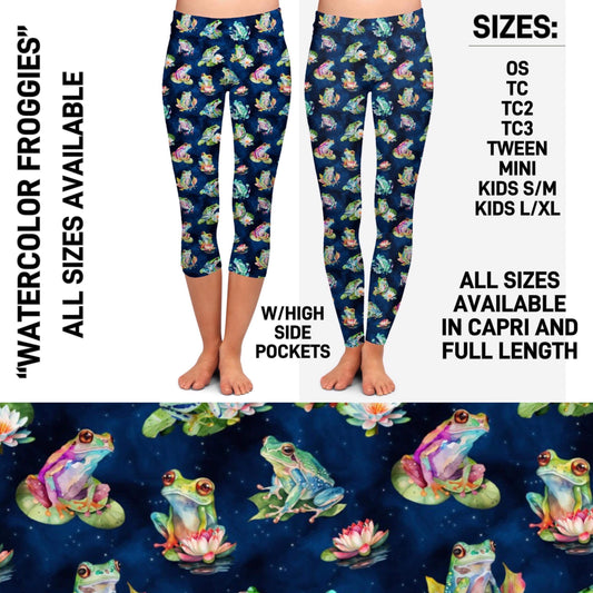 RTS - Watercolor Froggies Leggings & Capris with High Side Pockets