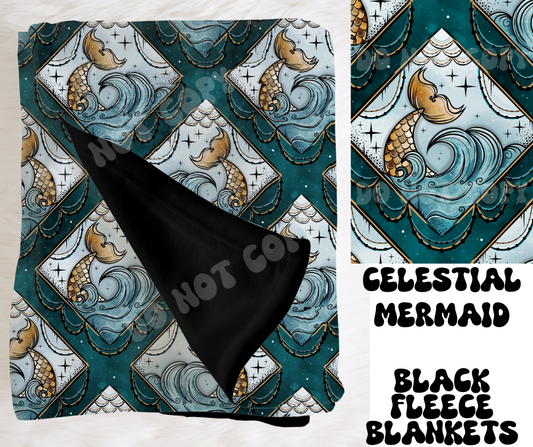 CELESTIAL MERMAID- SOFT BLACK FLEECE THROW BLANKET