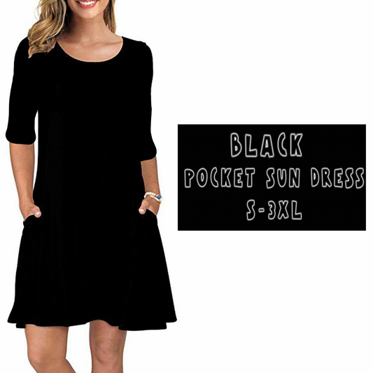 3/4 SLEEVE POCKET DRESS- SOLID BLACK