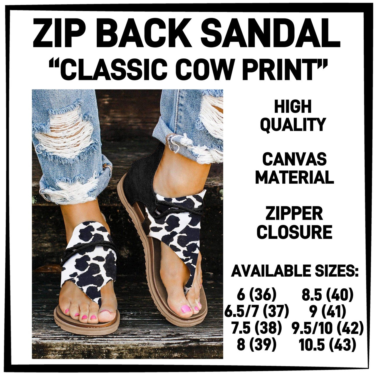 RTS - Classic Cow Print Zip Back Sandals