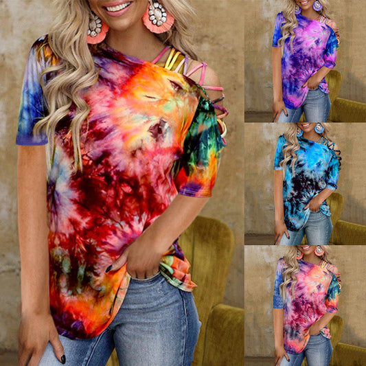 SHORT SLEEVE- Tie Dye Cold Shoulder Top
