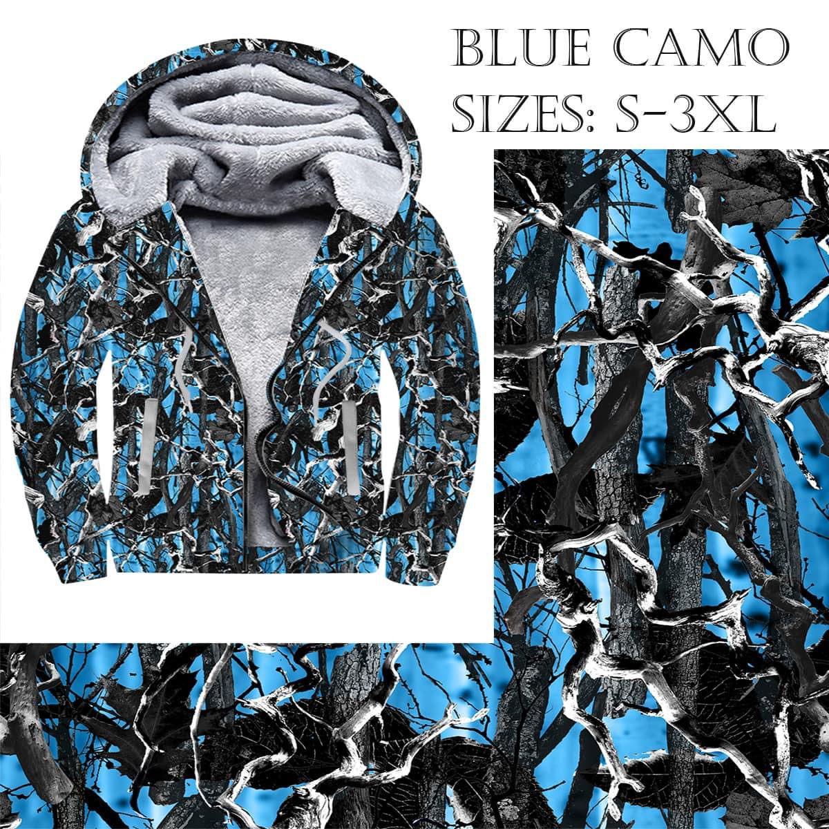 Blue Camo Zip Up Fleece Lined Hoodie